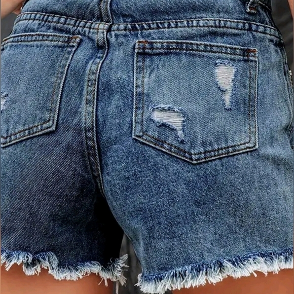 Dark Blue Distressed Frayed Detail Fringe Rhinestone Denim Shorts - Picture 2 of 11